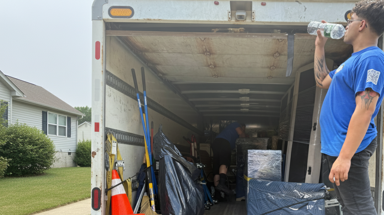 Picture of a man in a Debris Dragon inform drinking out of a bottle of water on the back of a packed box truck while another secures the items in the truck, taken in [object Object]